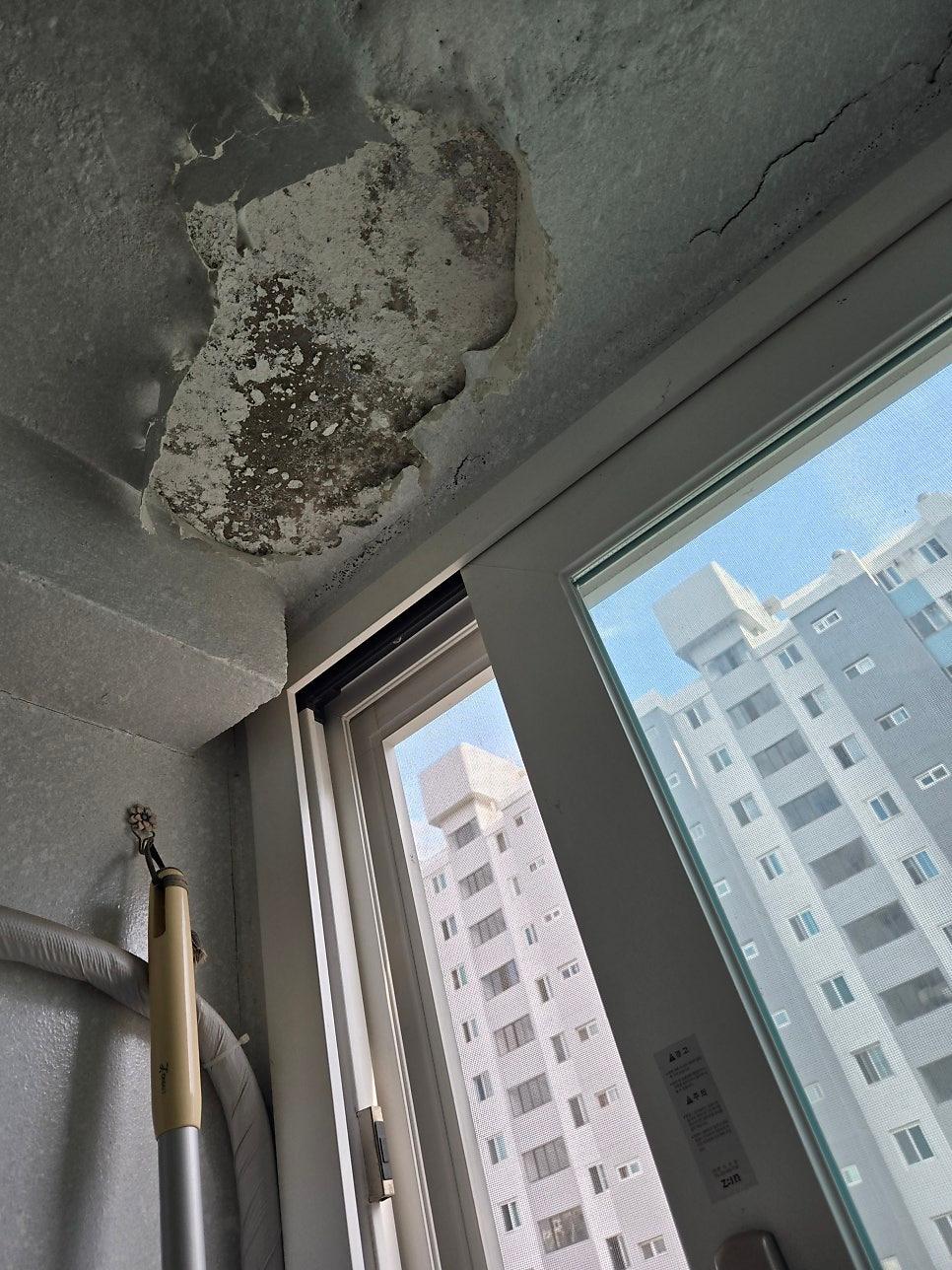 벽지가 벗겨진 창문 주변 벽면