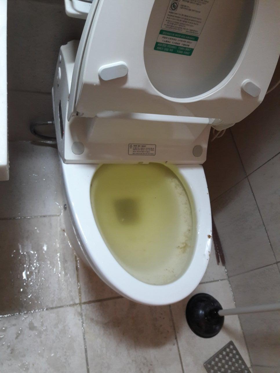 물이 차오른 변기와 화장실 바닥 현장